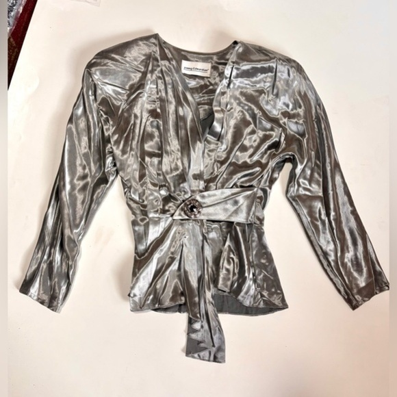 Vintage Tops - 80s Vintage Young Edwardian Silver Wrap Blouse Padded Shoulders